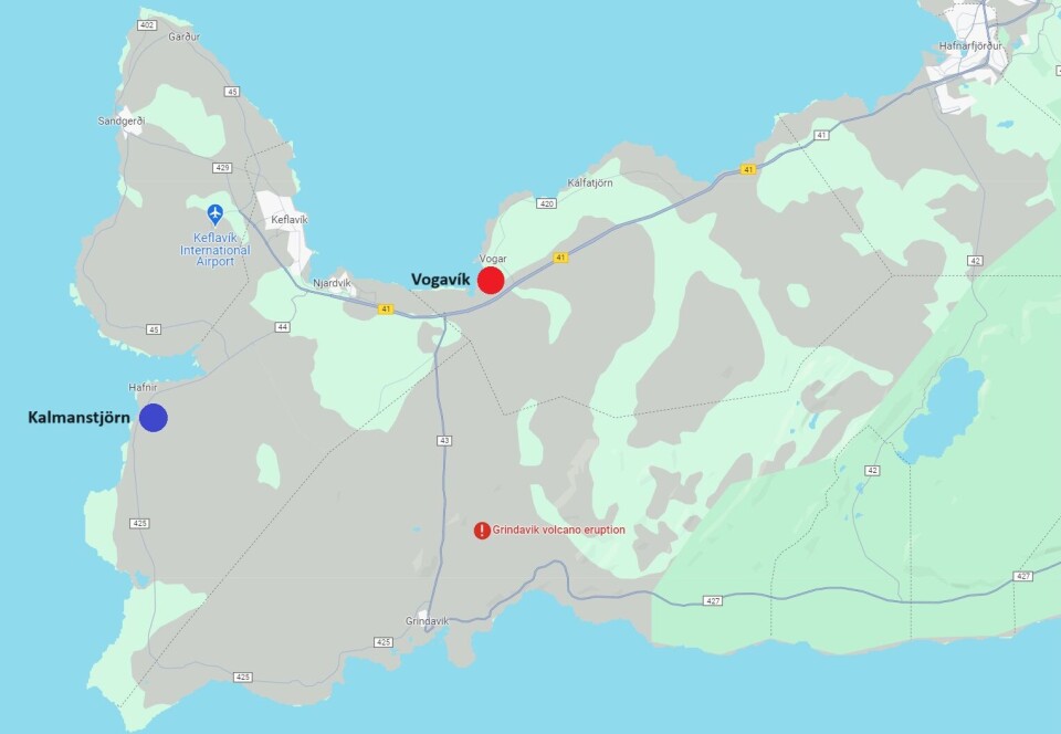 Benchmark's Vogavík (red circle) and Kalmanstjörn (blue circle) sites are a safe distance from the volcano eruption, says Benchmark Genetics Iceland chief executive Benedikt Hálfdanarson.