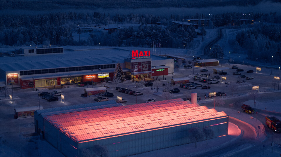 An Agtira greenhouse in Östersund, foreground, that grows food for a ICA Maxi supermarket just tens of metres away.