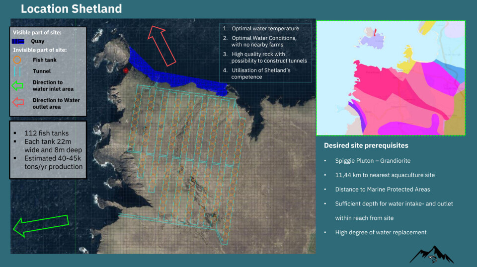 A graphic of the potential tunnel salmon farm on Shetland. The blue area indicates the site of a quay.
