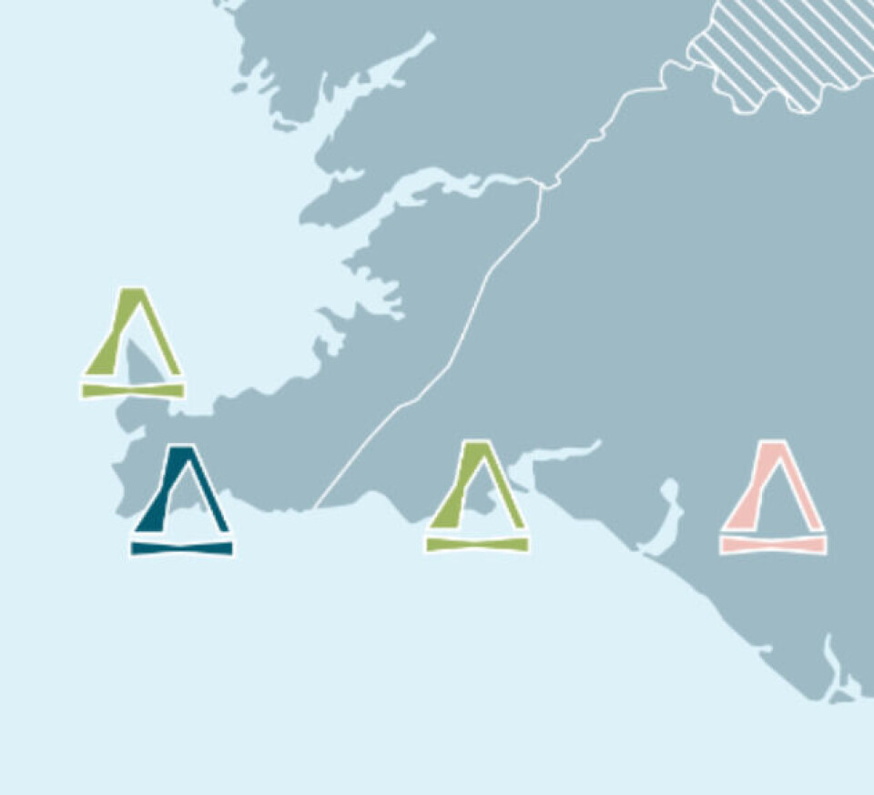 Matorka's locations on the Grindavik peninsula. The farm is marked by the blue symbol, the hatchery by the pink symbol, and the airport and port by the green symbols.