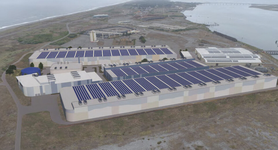 An illustration of Nordic Aquafarms' proposed kingfish RAS facility on the Samoa Peninsula, California.