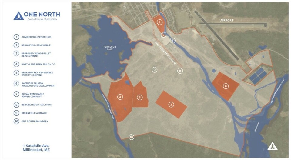 The Great Northern Paper Company (One North) site will be used for several purposes, including growing salmon. The GNS site is number 6 on the plan.