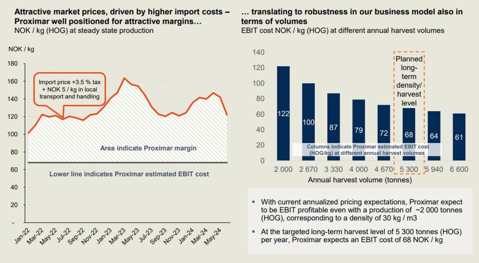 The white and gray shaded area on the graph on the left illustrates the difference between the cost that Proximar calculates it can produce salmon for (straight grey line), and the cost of growing and importing it from Norway (orange line).
