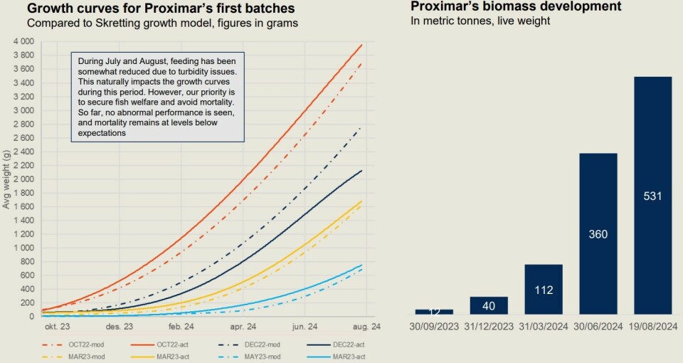 Left: Growth curves of Proximar's first batches of fish. Right: The company had 531 tonnes of biomass (live weight) as of Monday this week.