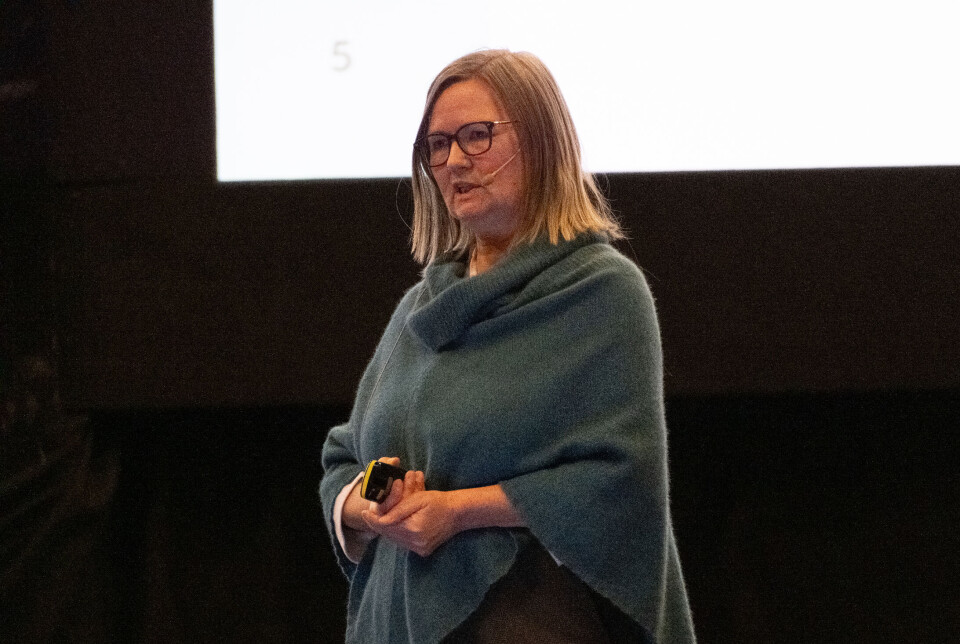 Nina Santi from INAQ pictured at Tekset 2025, where she presented the report showing that a transition to post-smolt is a priority for many fish farmers.