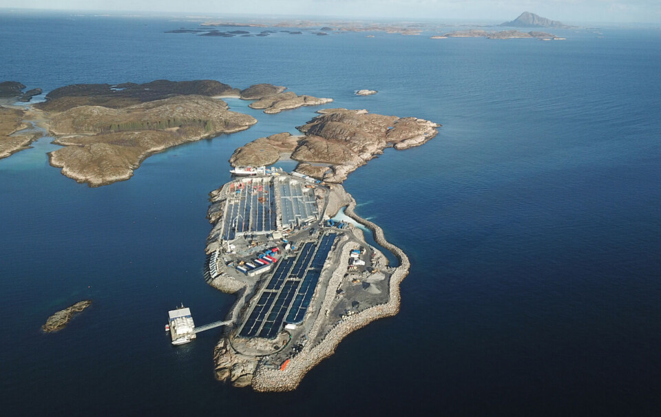 An aerial view of Gigante Salmon's flow-through fish farm, which will have 10 separate raceways divided among three pools. The pool at the bottom of the picture is complete and operational.