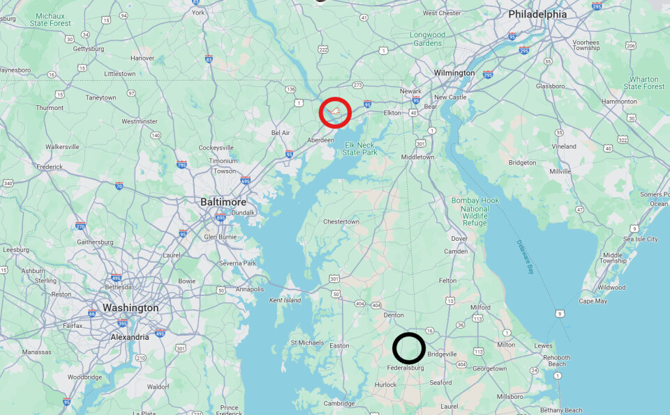 AquaCon has turned its attention from Federalsburg (black circle) to a former US Navy training base at Port Deposit (red circle). The state-owned site has power, water, and discharge infrastructure, and AquaCon has a discharge licence.