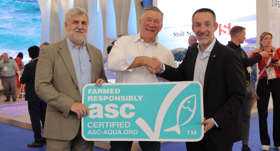 ASC CEO Chris Ninnes, centre, with Stolt Sea Farm president Jordi Trias, right, and sustainability manager Carlos Tavares.