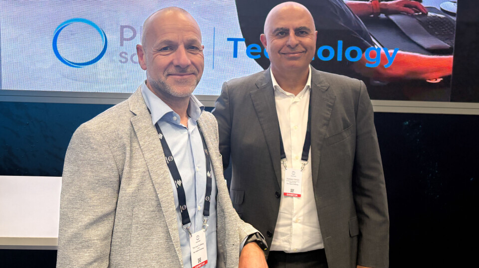 Pure Salmon chief executive Per Ivar Foshaug, left, with the company's founder Stephane Farouze at Aqua Nor.
