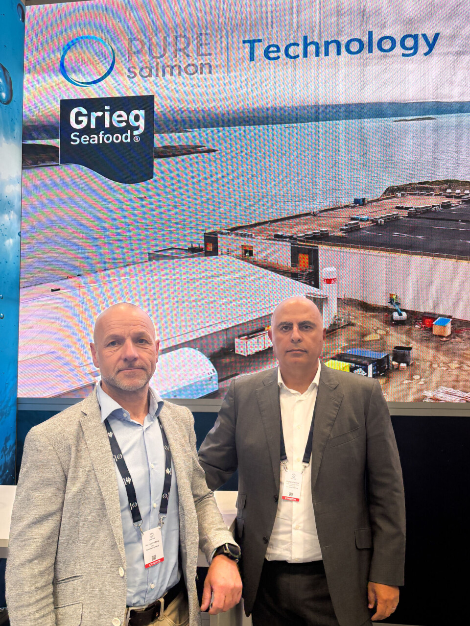 Pure Salmon CEO Per Ivar Foshaug, left, and Stephane Farouze at the company's stand at Aqua Nor this week.
