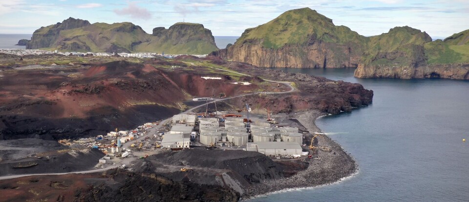 Drone photo of Laxey's food fish farm on Vestmannaeyjar. In recent months, significant progress has been made in phase two of the development.