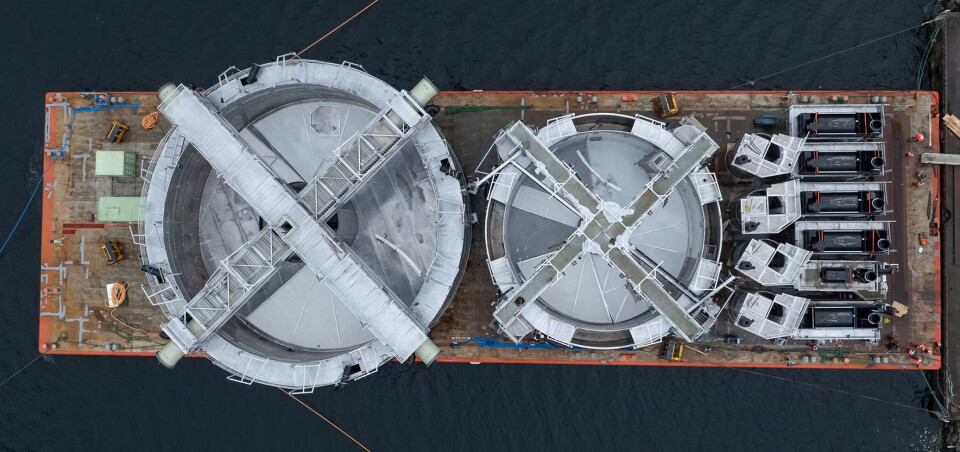 Optiras modules on a barge ahead of transportation to post-smolt producer Baring Farsund in Norway.