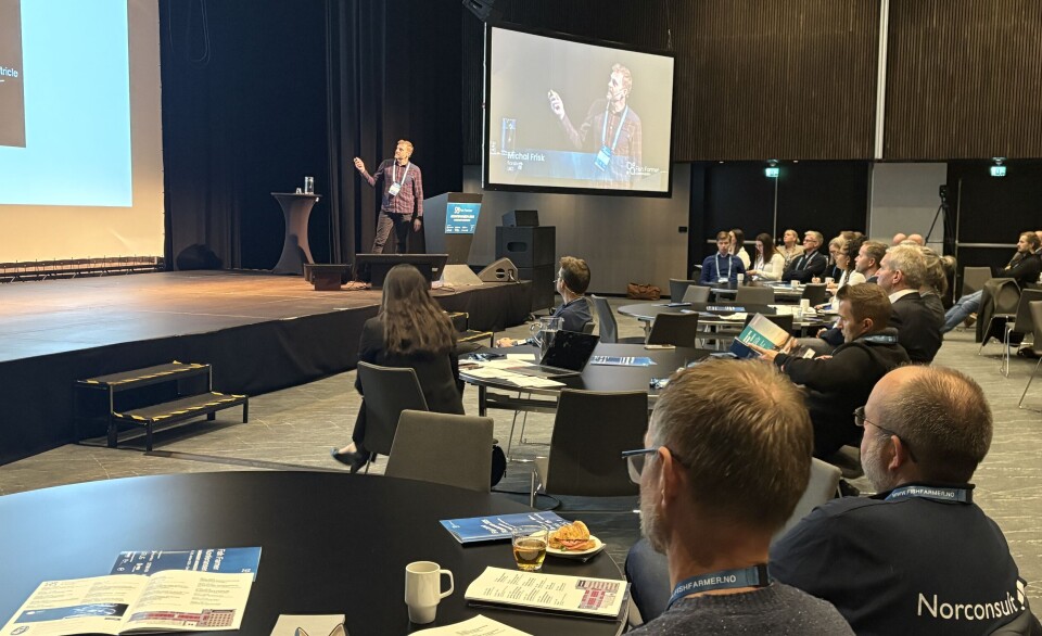 Michael Frisk, a researcher at the University of Oslo, during his presentation at the Fish Farmer conference in Sola.